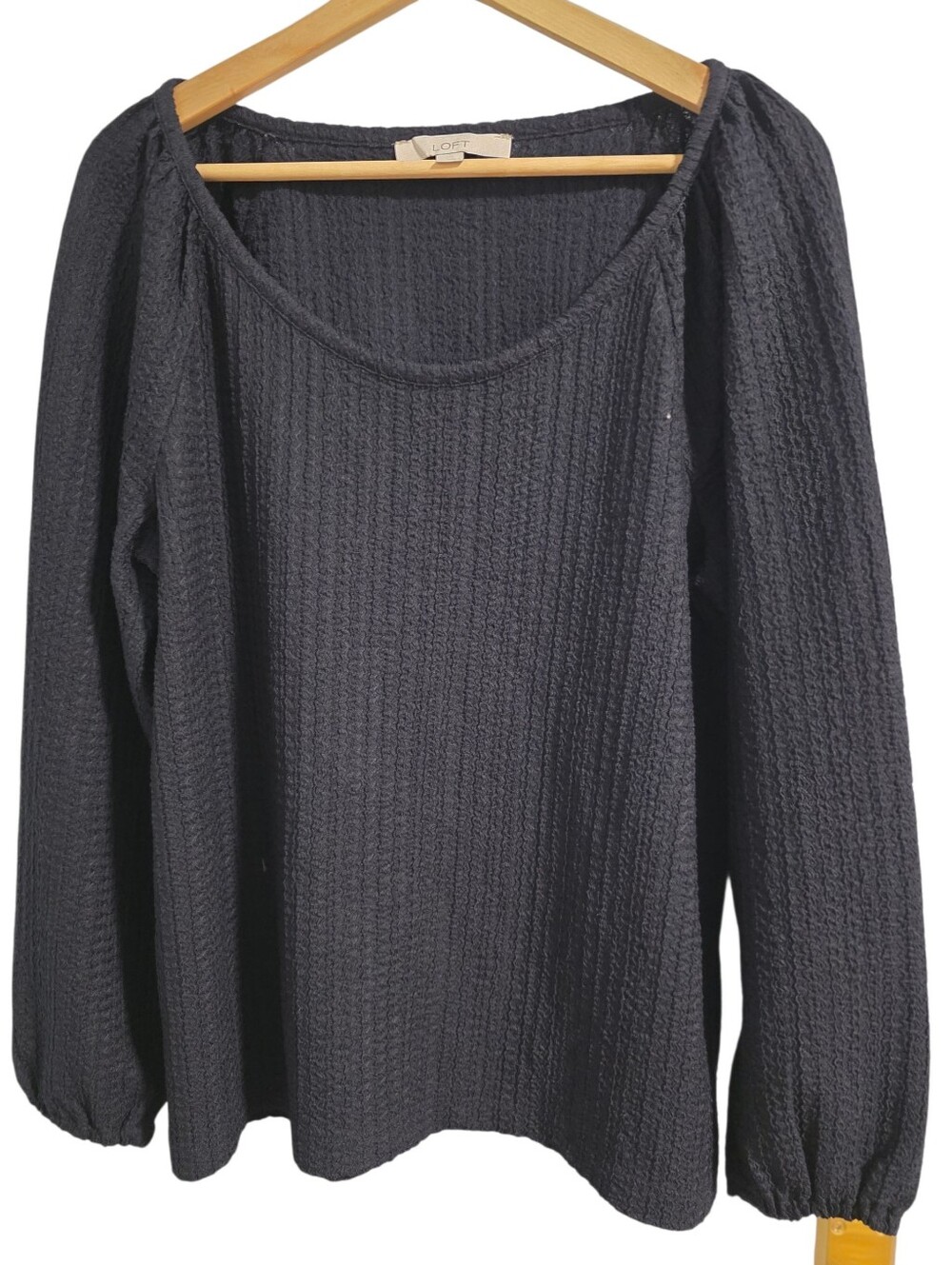 LOFT Waffle Weave Longlsleeve Scoopneck Puff Sleeve Blouse Navy Size L EUC